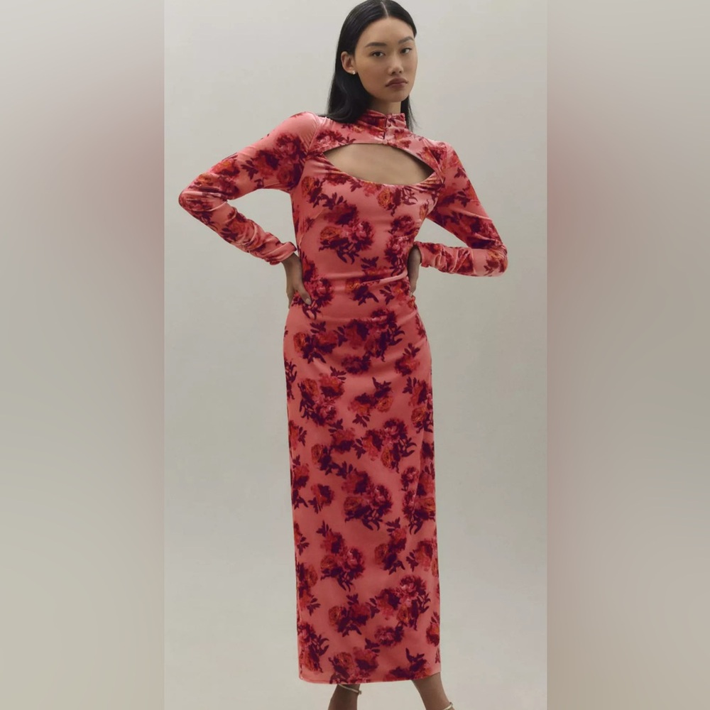 ♥️ BHLDN Isabella Long-Sleeve High-Neck Cutout Velvet Maxi Dress